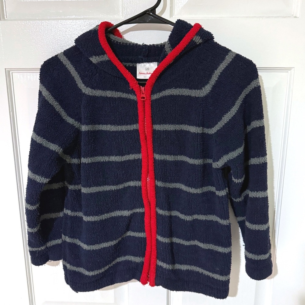 Hanna Andersson Kids Navy Grey Striped Full Zip Plush Fleece Hoodie Size 120